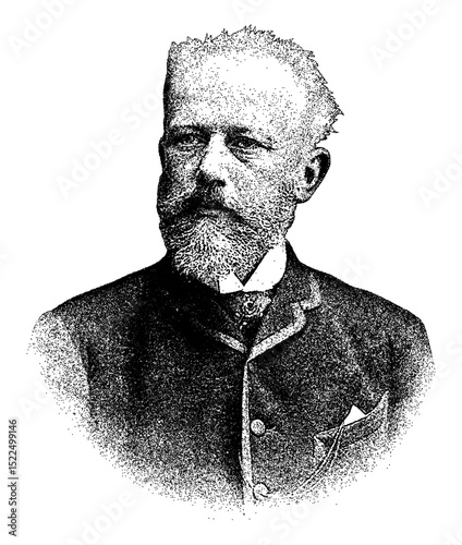 Portrait of Russian composer Pyotr Ilyich Tchaikovsky in vintage stipple engraving style isolated on transparent background photo