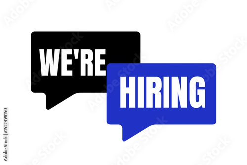 We're hiring speech bubble announcement in black and blue color 