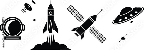 Vector space exploration icons set astronaut helmet rocket satellite ufo cosmos astronomy illustration editable stock vector illustration