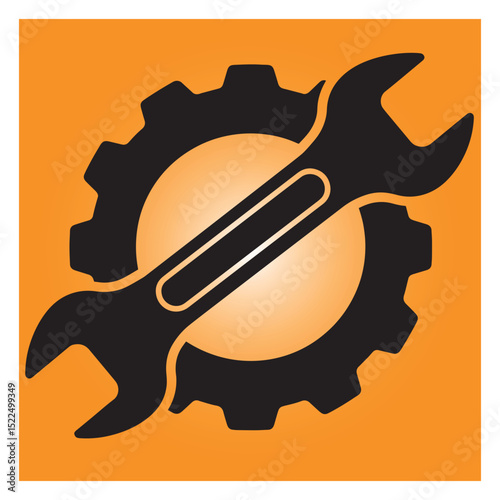 Mechanical gear and wrench symbol on orange background illustrating repair and service concepts
