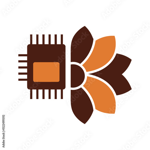 Stylized Tech and Nature: Brown Chip Merging with Orange Flower Petals