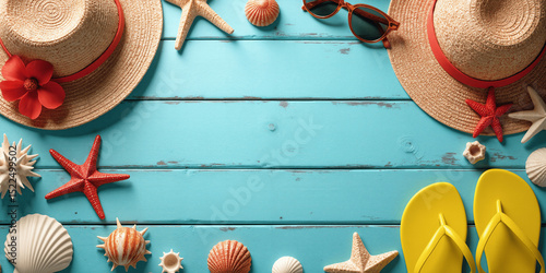 Summer beach accessories flat lay with straw hat, flip flops, seashells, sunglasses and starfish on turquoise wooden background
