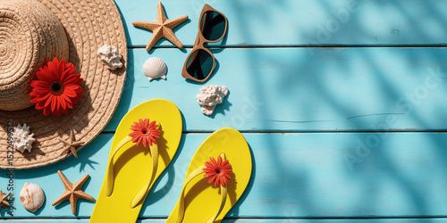 Summer beach accessories flat lay with straw hat, flip flops, seashells, sunglasses and starfish on turquoise wooden background
