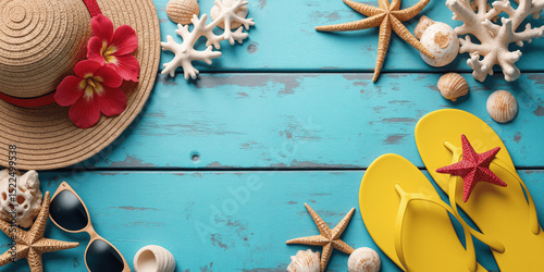 Summer beach accessories flat lay with straw hat, flip flops, seashells, sunglasses and starfish on turquoise wooden background
