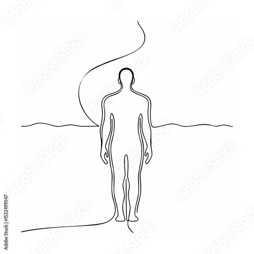 Minimalist one line drawing of a human figure contemplating abstract thoughts in space