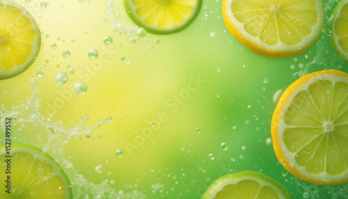 Fresh sliced lime and lemon in water with splash on green background, citrus refreshing fruit healthy detox drink