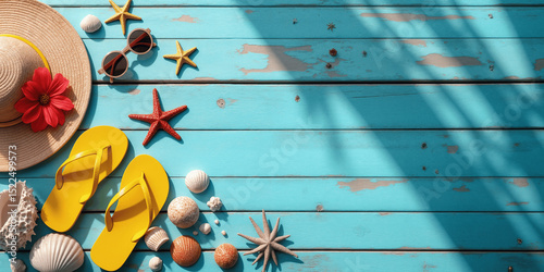 Summer beach accessories flat lay with straw hat, flip flops, seashells, sunglasses and starfish on turquoise wooden background
