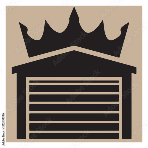 Royal garage logo design featuring a crown above a simplified black and white building
