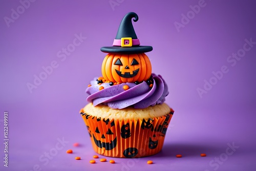 Delicious halloween pumpkin witch cupcake decorated with vibrant frosting and festive sprinkles