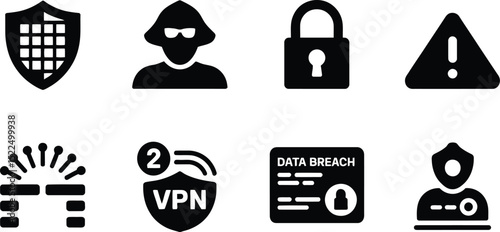 Cybersecurity icons set for data protection and network security with vpn and data breach protection editable stock vector illustration