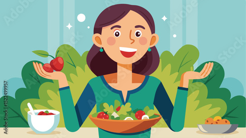 Illustrated Woman with Cherries and Salad Bowl Promoting Healthy Eating Habits, Green Background