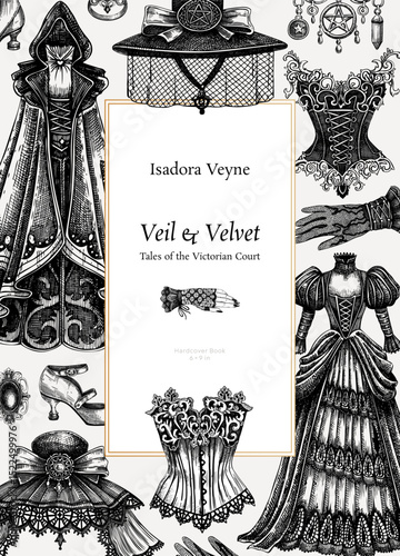 Vintage book cover. Gothic background. Hand-drawn fashion illustration. Victorian clothes design. Vampire woman vector. NOT AI generated