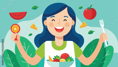 Happy Woman with Blue Hair Holding Fork and Fruit Salad Bowl Illustration