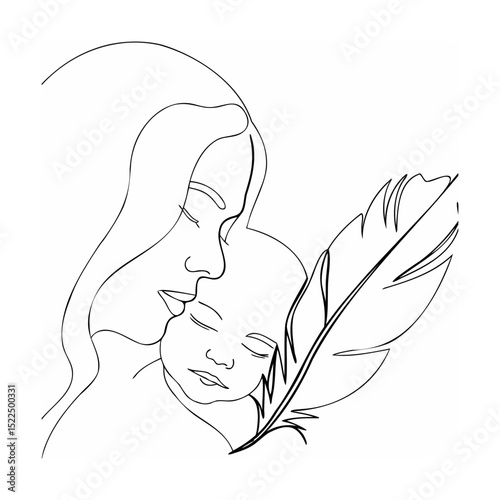 Mother tenderly holding baby with gentle feather concept line art illustration