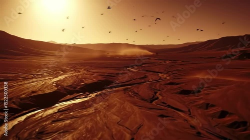 Birds Flying Over a Desert Landscape with a Winding River at Sunset