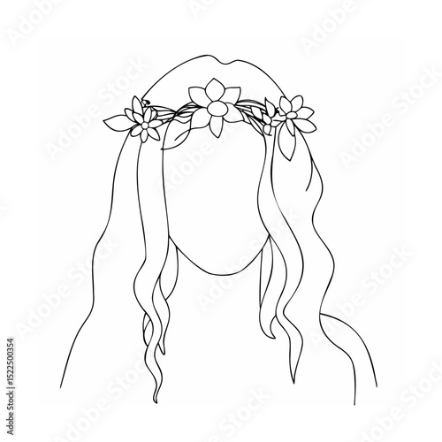Elegant line art of woman with flowered crown and wavy hair suitable for design