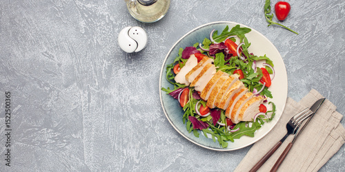 Chicken breast on the leaves arugula with radichio, tomatoes and onions. Balanced lunch. Top view