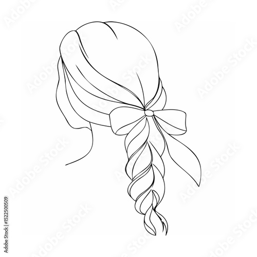 Elegant female hair braided with a bow simple black and white line art illustration