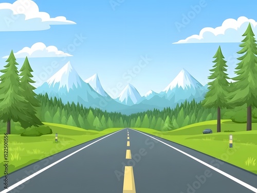 Scenic Forest Drive on a Paved Road Surrounded by Lush Greenery and Clear Skies, road to the mountains