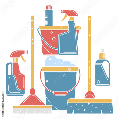 Cleaning Tools Set – Bubbles, sprays, brushes and buckets.Cleaning supplies collection.Vector