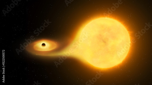 Fototapeta Naklejka Na Ścianę i Meble -  Black hole swallows star. Accretion process in space on black background. Star got into gravitational trap.
