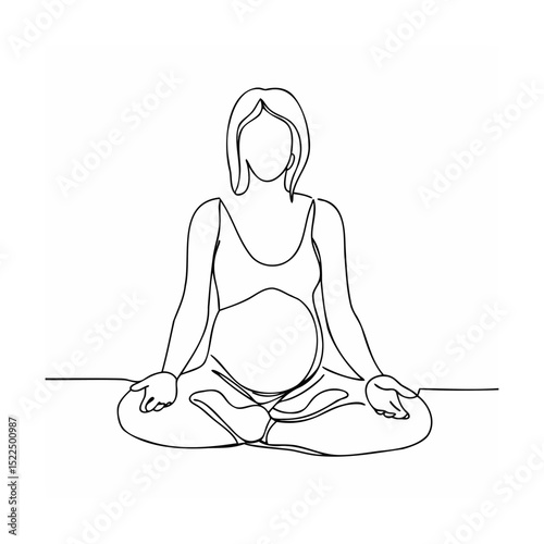 Pregnant woman in lotus pose practicing yoga minimalist single line art illustration