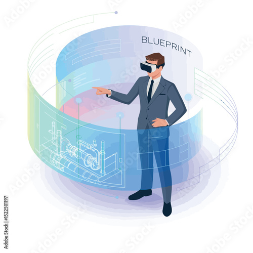 An architect reviews a blueprint in virtual reality modern technology augmented reality and digital engineering visualization concept