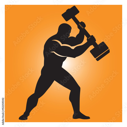 Strong man silhouette swinging a sledgehammer against a vibrant orange background