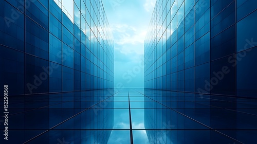 Sleek glass high rise building reflecting the blue sky