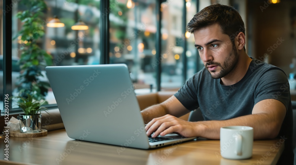 Focused Man Typing at Cafe, Urban Backdrop, Coffee Cup. Focused Man Typing at Cafe, Urban Backdrop, Coffee Cup.