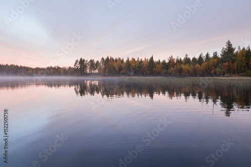 Autumnal lake scenery in Sweden during sunrise