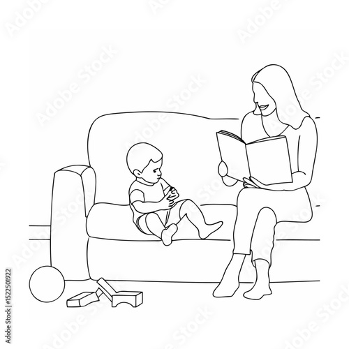 Mother reads a book to her young child on a comfortable couch in a simple black and white illustration