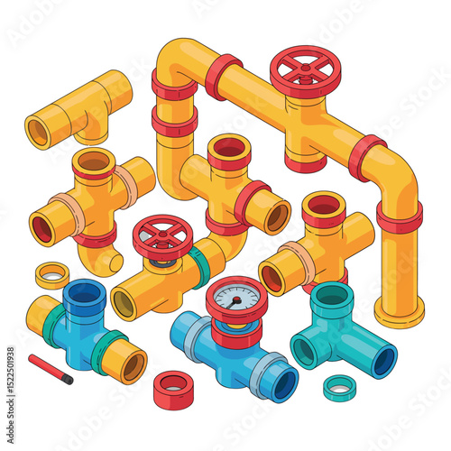 Isometric illustration featuring a collection of plumbing components showcasing yellow pipes red valves and fittings for water and gas supply systems ready for use.