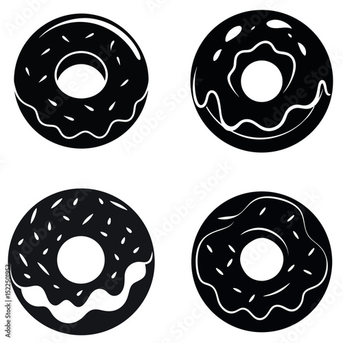 Black and White of Four Doughnuts with Various Toppings and Designs
