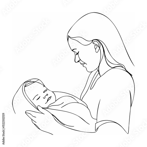 Mother holding and cradling a newborn baby in her arms with love and care