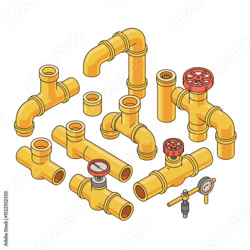 Isometric view of various yellow pipe fittings and valves with red handles representing industrial plumbing components and design elements on a white background.
