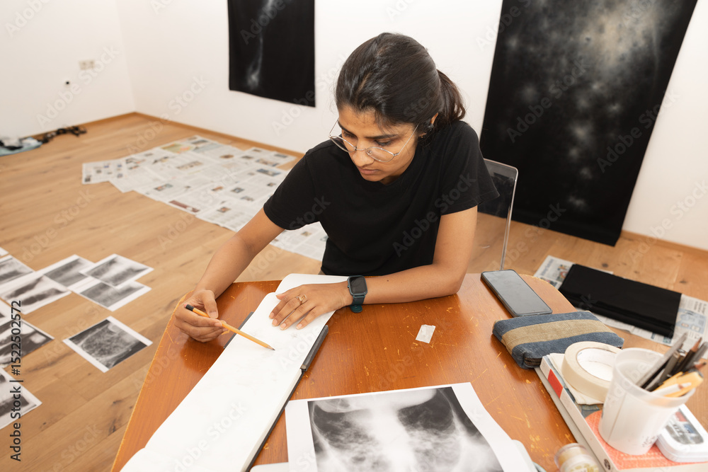 Young indian woman artist sketching at home Young indian woman artist sketching at home