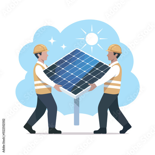 Two construction workers installing a solar panel representing renewable energy clean energy and the future of sustainability on a sunny day.