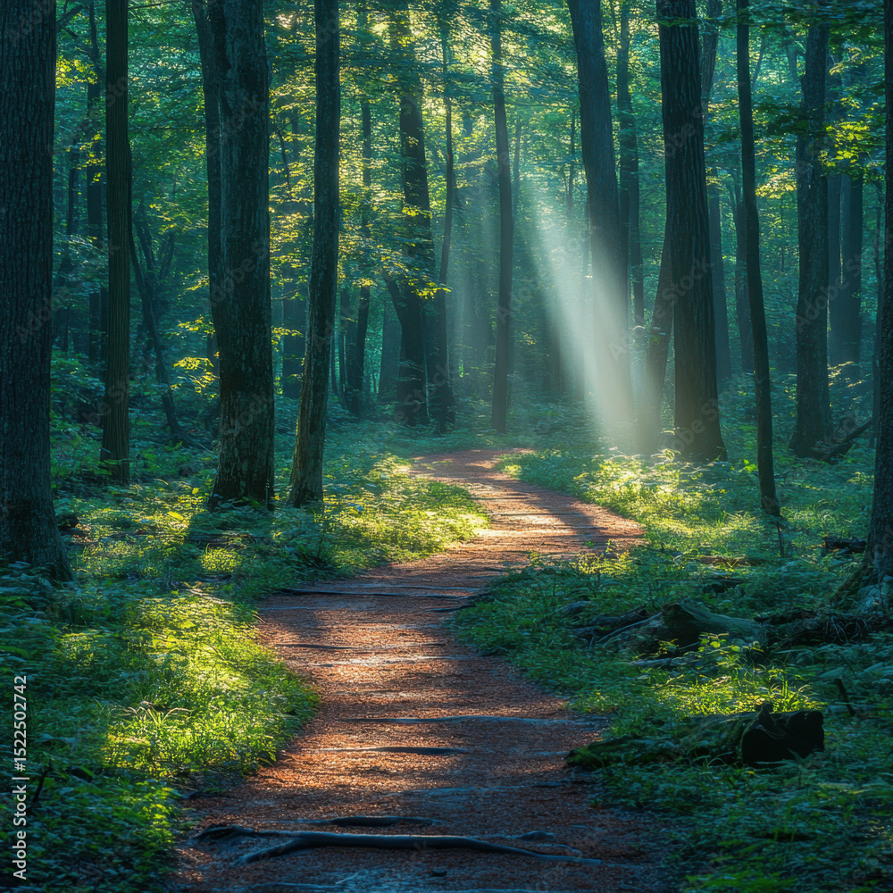 Fototapeta premium Sunlit path winding through woods.