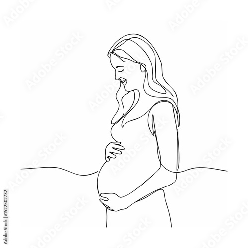 Line art illustration of a smiling expectant mother holding her baby bump