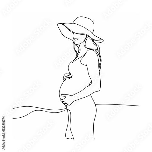 Elegant line drawing depicting a pregnant woman wearing a sun hat and embracing her baby