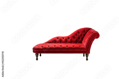Elegant red chaise lounge with button tufting and dark wood legs, perfect for a luxurious interior. background removed