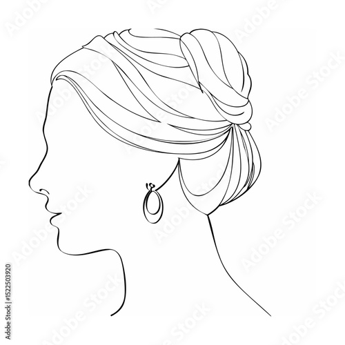 Elegant line art illustration of a woman's profile with bun hairstyle and earrings