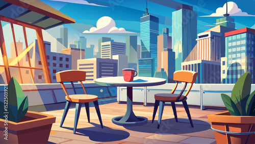 Chairs and tables arranged neatly on a rooftop café. The urban skyline gleams in sunlight. A close-up cup of coffee sits beside serenity, elevation, breeze, city, and peace.

Keywords: café, rooftop, 