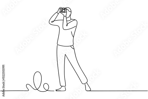 Continuous line art drawing of photographer taking picture with camera. Minimalist vector illustration