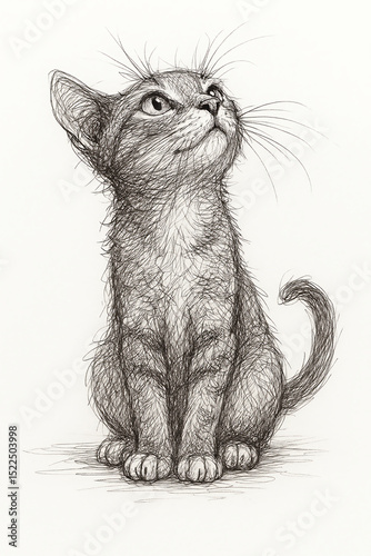 Elegant Pen Art Illustration of a Graceful Young Cat Looking Up