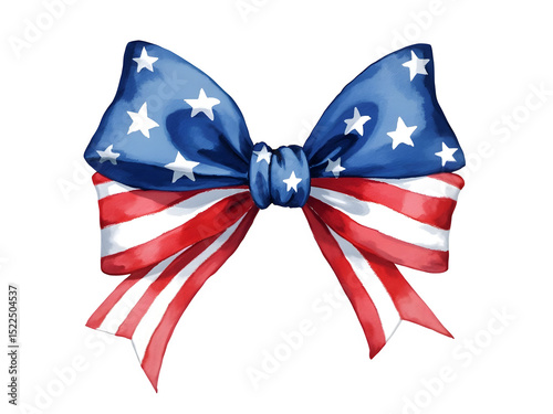 A patriotic ribbon bow featuring stars and stripes from the USA. This watercolor clip art showcases an American flag design in a charming coquette style. It's an isolated clipart design element.