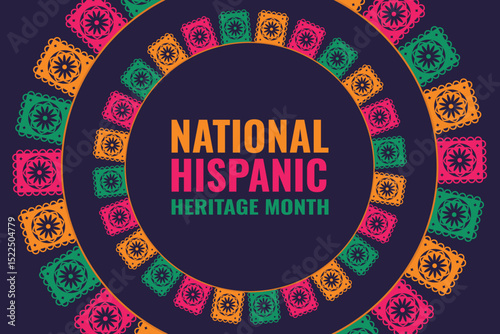 National Hispanic Heritage Month - September - October. Holiday design template with text and papel picado arranged in a circle. Vector banner.