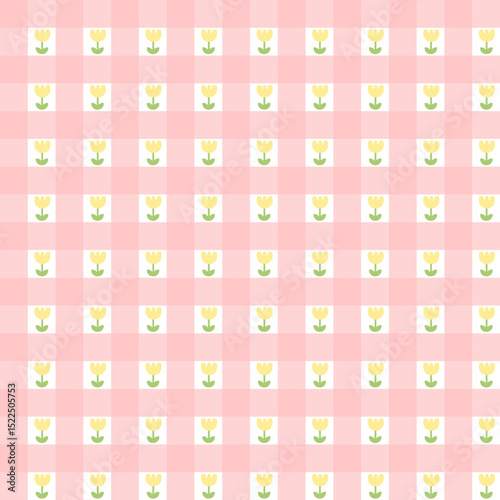 Pink gingham seamless pattern with yellow tulip flowers and green leaves.Sweet wallpaper.Surface for textile.Decoration ornament.Tartan check.Cute wrapping paper.Summer or spring.Vector illustration.