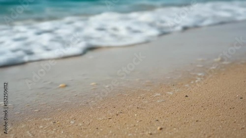 A bright and relaxing seaside scene. Gentle ocean waves are rolling onto the sandy shore on a peaceful, sunny day. 